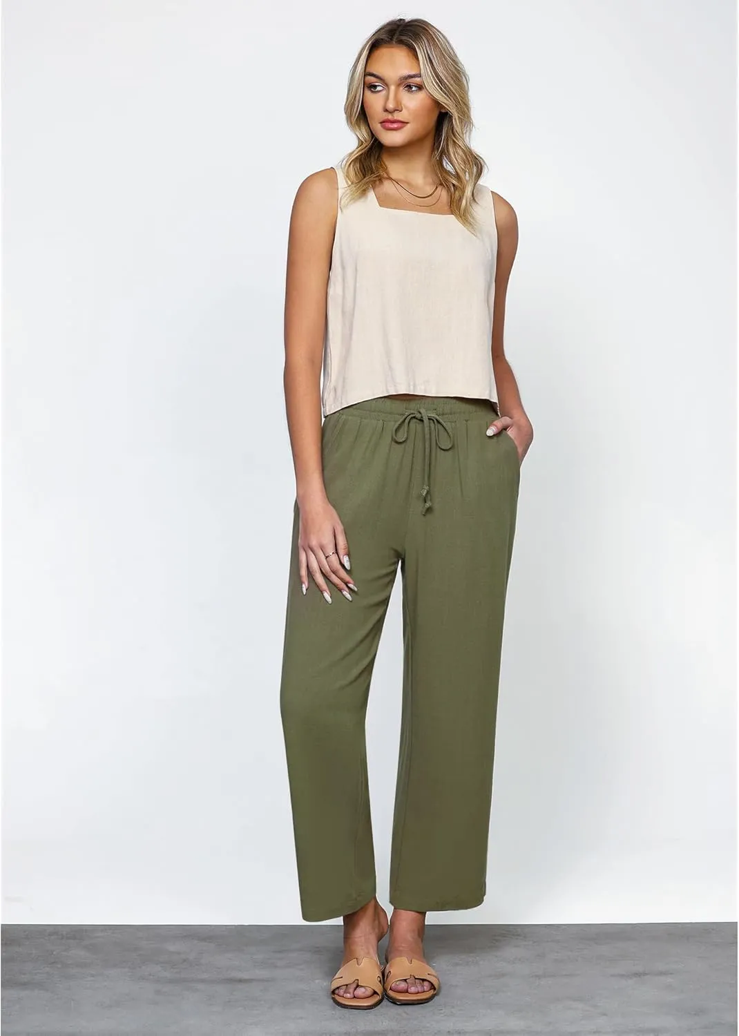 GRAPENT Linen Pants for Women High Waisted Wide Leg Capri Elastic Waist Casual Beach Flowy Cropped Summer Capris Pants