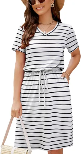 HUSKARY Women Summer Casual Midi Dresses Short Sleeve V Neck Drawstring Knee Length T Shirt Dress with Split and Pocket