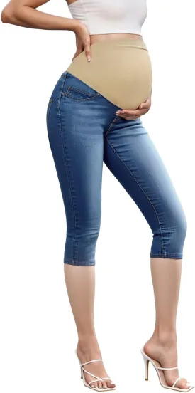Hybrid & Company Women High Waist Stretch Denim Slim Maternity Skinny Capri Pants