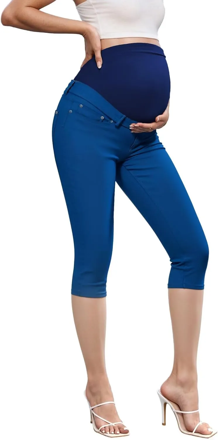 Hybrid & Company Women High Waist Stretch Denim Slim Maternity Skinny Capri Pants