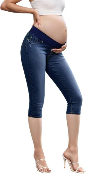 Hybrid & Company Women High Waist Stretch Denim Slim Maternity Skinny Capri Pants