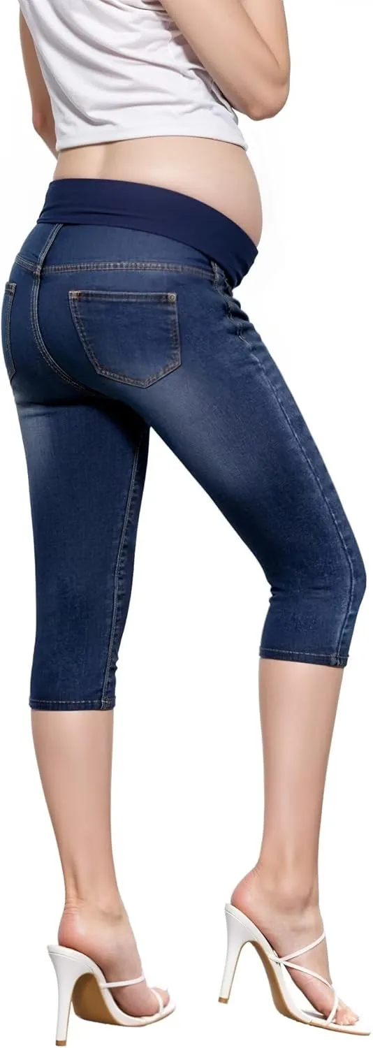 Hybrid & Company Women High Waist Stretch Denim Slim Maternity Skinny Capri Pants