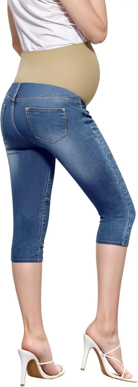 Hybrid & Company Women High Waist Stretch Denim Slim Maternity Skinny Capri Pants