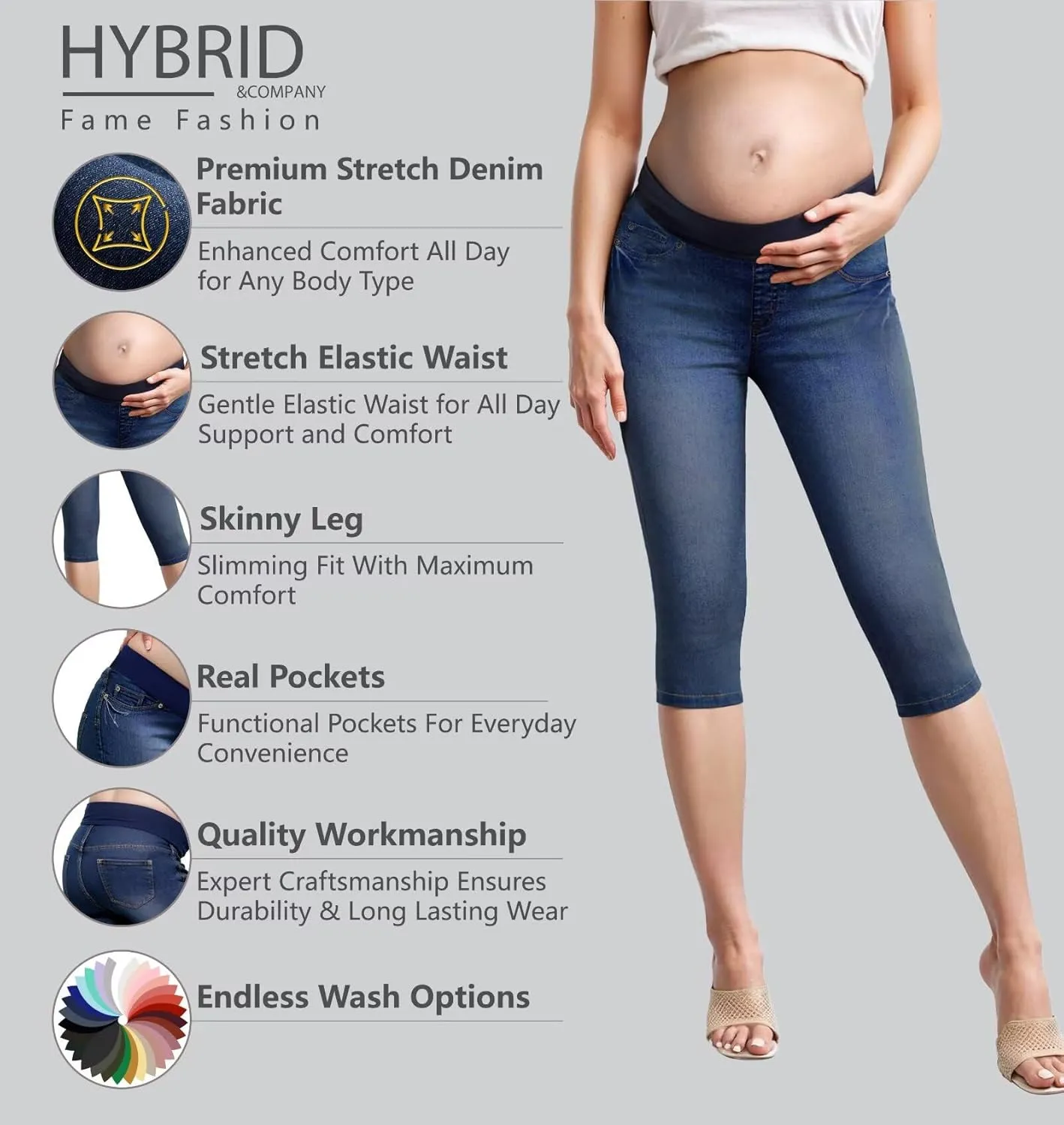 Hybrid & Company Women High Waist Stretch Denim Slim Maternity Skinny Capri Pants