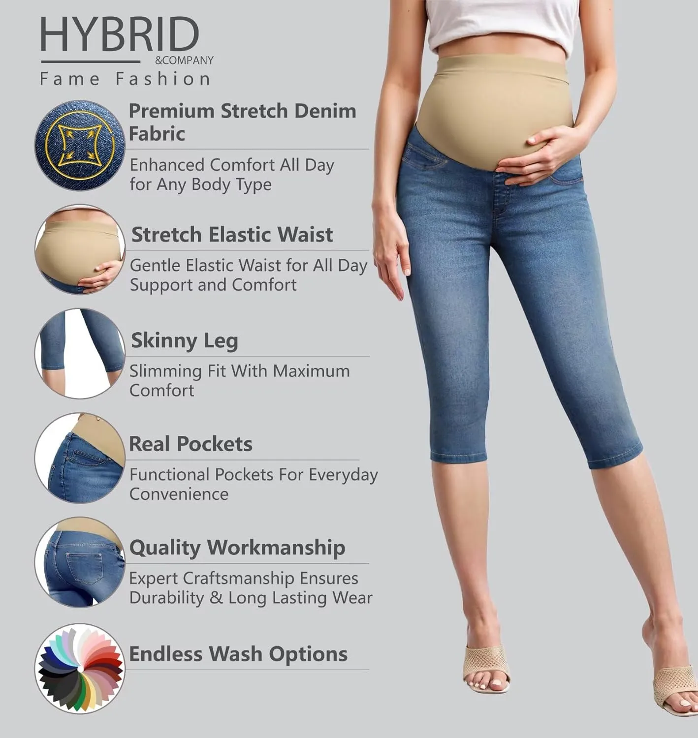 Hybrid & Company Women High Waist Stretch Denim Slim Maternity Skinny Capri Pants