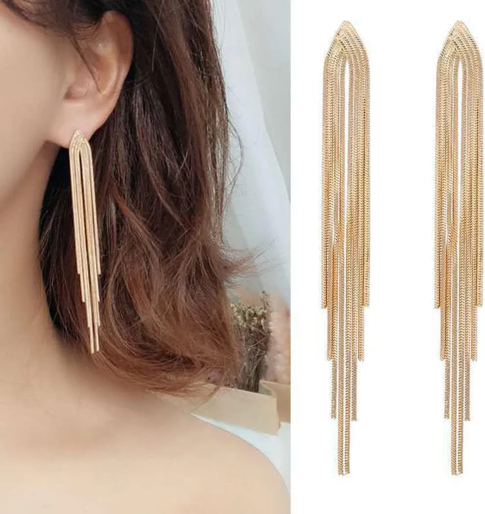 Long Tassel Dangle Earrings for Women Gold Silver Chain Tassel Earrings Punk Sleek Metal Chain Earrings Hypoallergenic Lightweight Tassel Drop Earrings