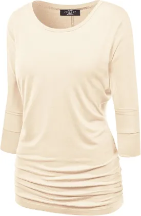 Made By Johnny Women's Casual Boat Neck and V-Neck 3/4 Sleeve Draped Dolman Top with Side Shirring Premium Shirt