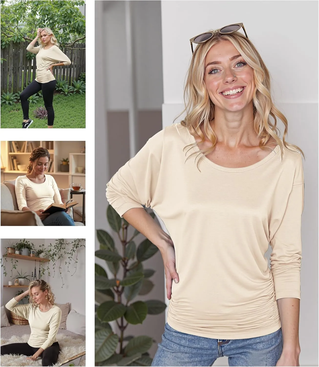 Made By Johnny Women's Casual Boat Neck and V-Neck 3/4 Sleeve Draped Dolman Top with Side Shirring Premium Shirt