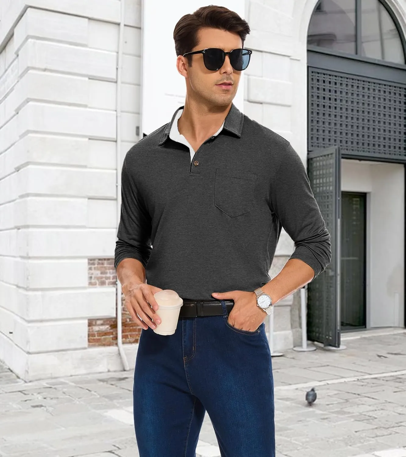 Men's Long Sleeve Polo Shirt with Pocket Fashion Button Polo T-Shirt Collared Athletic Work Casual Comfy Top Tee