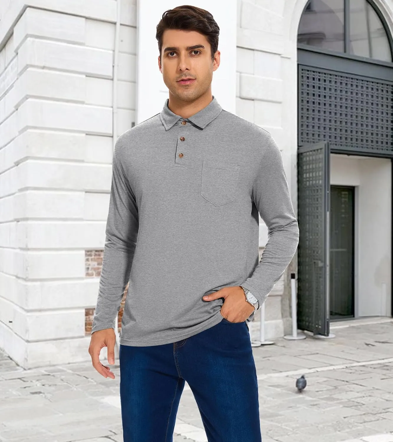 Men's Long Sleeve Polo Shirt with Pocket Fashion Button Polo T-Shirt Collared Athletic Work Casual Comfy Top Tee