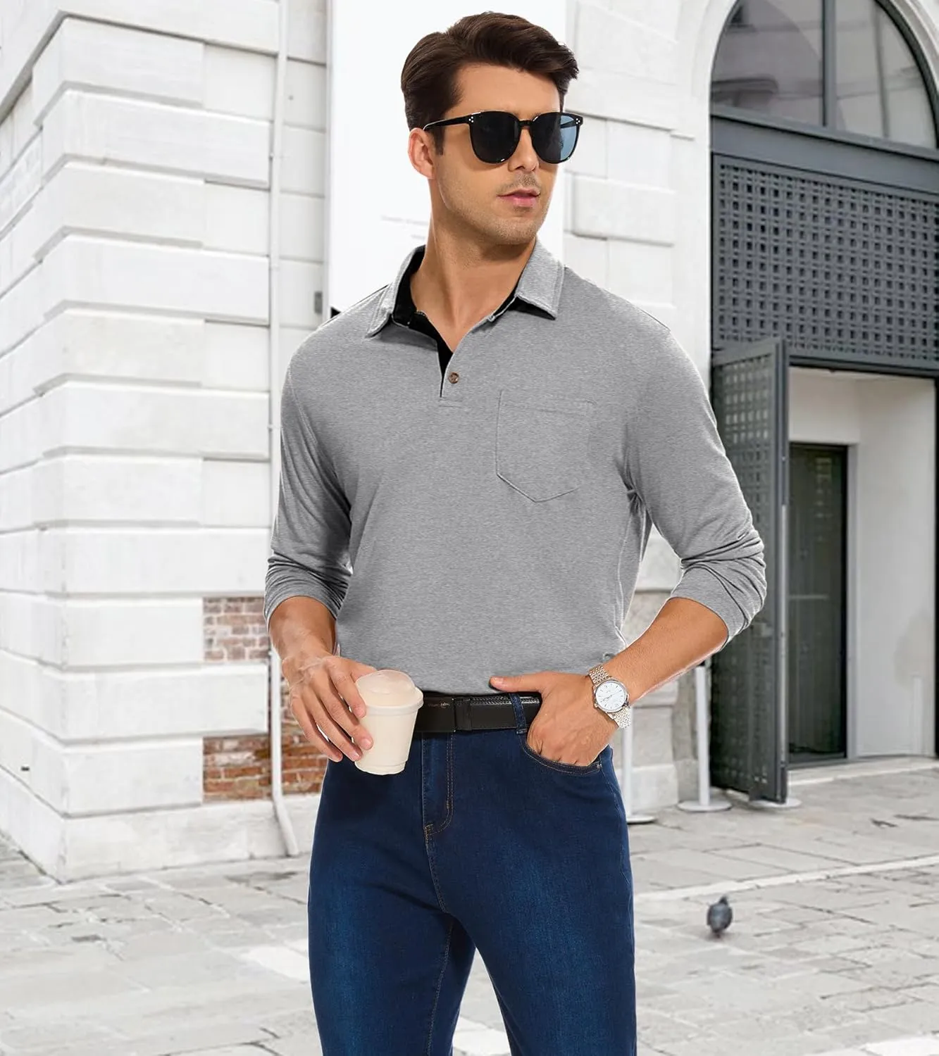 Men's Long Sleeve Polo Shirt with Pocket Fashion Button Polo T-Shirt Collared Athletic Work Casual Comfy Top Tee