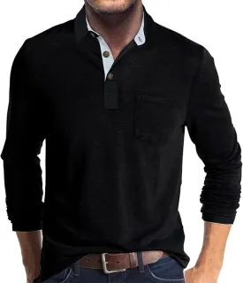 Men's Long Sleeve Polo Shirt with Pocket Fashion Button Polo T-Shirt Collared Athletic Work Casual Comfy Top Tee