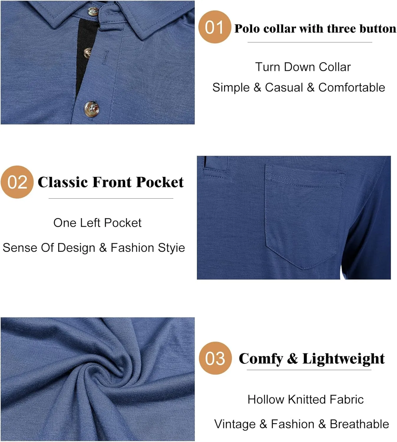 Men's Long Sleeve Polo Shirt with Pocket Fashion Button Polo T-Shirt Collared Athletic Work Casual Comfy Top Tee