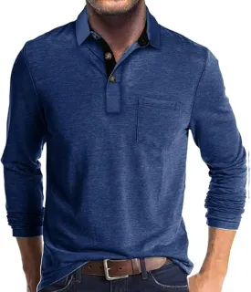 Men's Long Sleeve Polo Shirt with Pocket Fashion Button Polo T-Shirt Collared Athletic Work Casual Comfy Top Tee