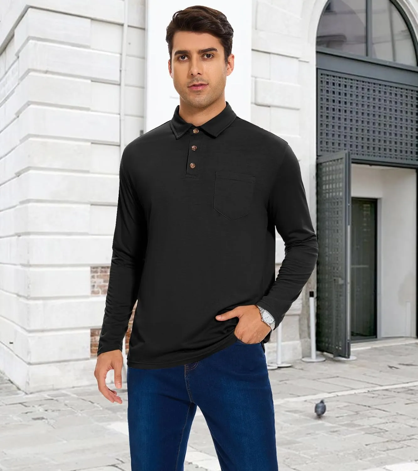 Men's Long Sleeve Polo Shirt with Pocket Fashion Button Polo T-Shirt Collared Athletic Work Casual Comfy Top Tee