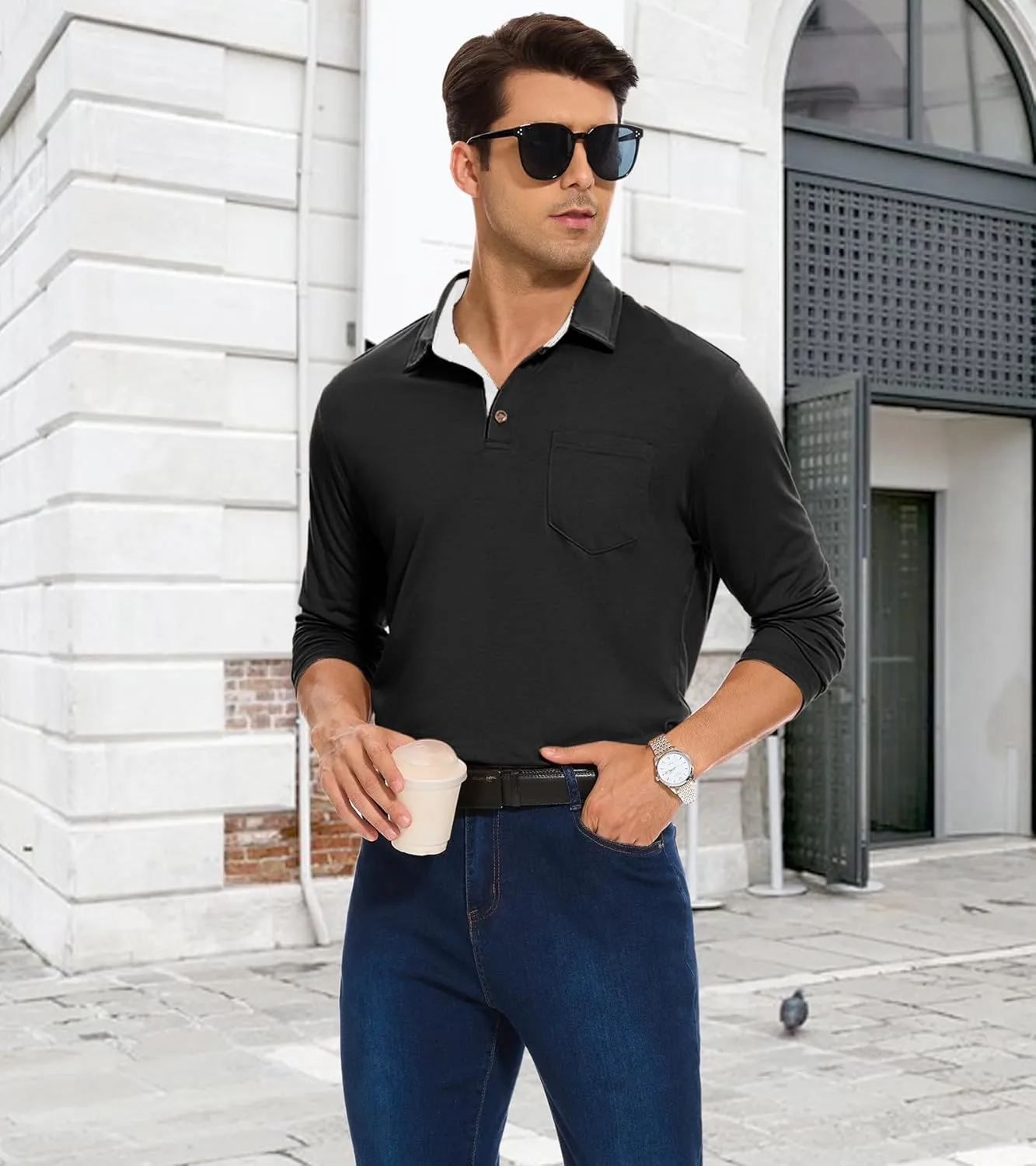 Men's Long Sleeve Polo Shirt with Pocket Fashion Button Polo T-Shirt Collared Athletic Work Casual Comfy Top Tee