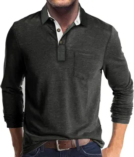 Men's Long Sleeve Polo Shirt with Pocket Fashion Button Polo T-Shirt Collared Athletic Work Casual Comfy Top Tee