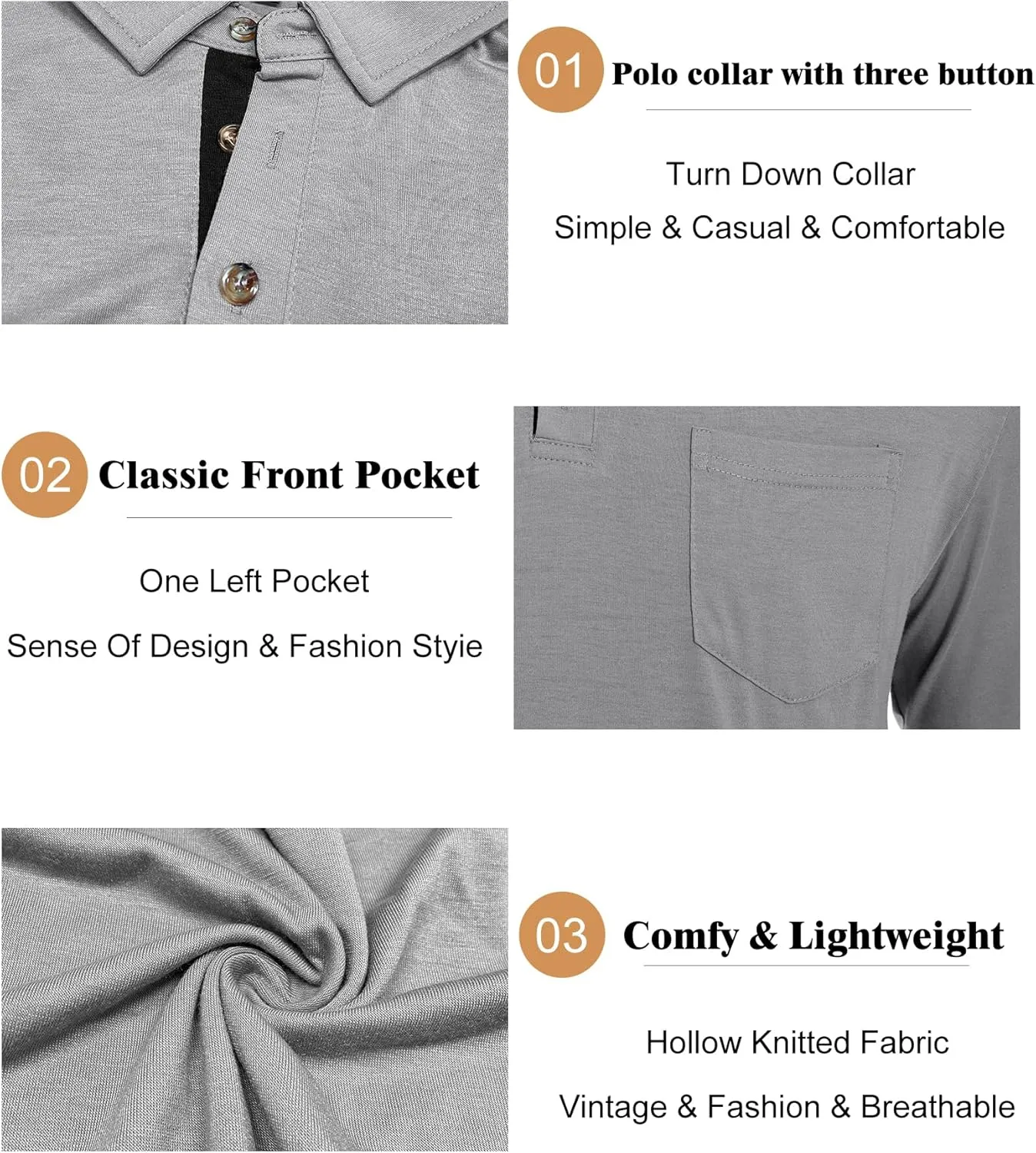 Men's Long Sleeve Polo Shirt with Pocket Fashion Button Polo T-Shirt Collared Athletic Work Casual Comfy Top Tee