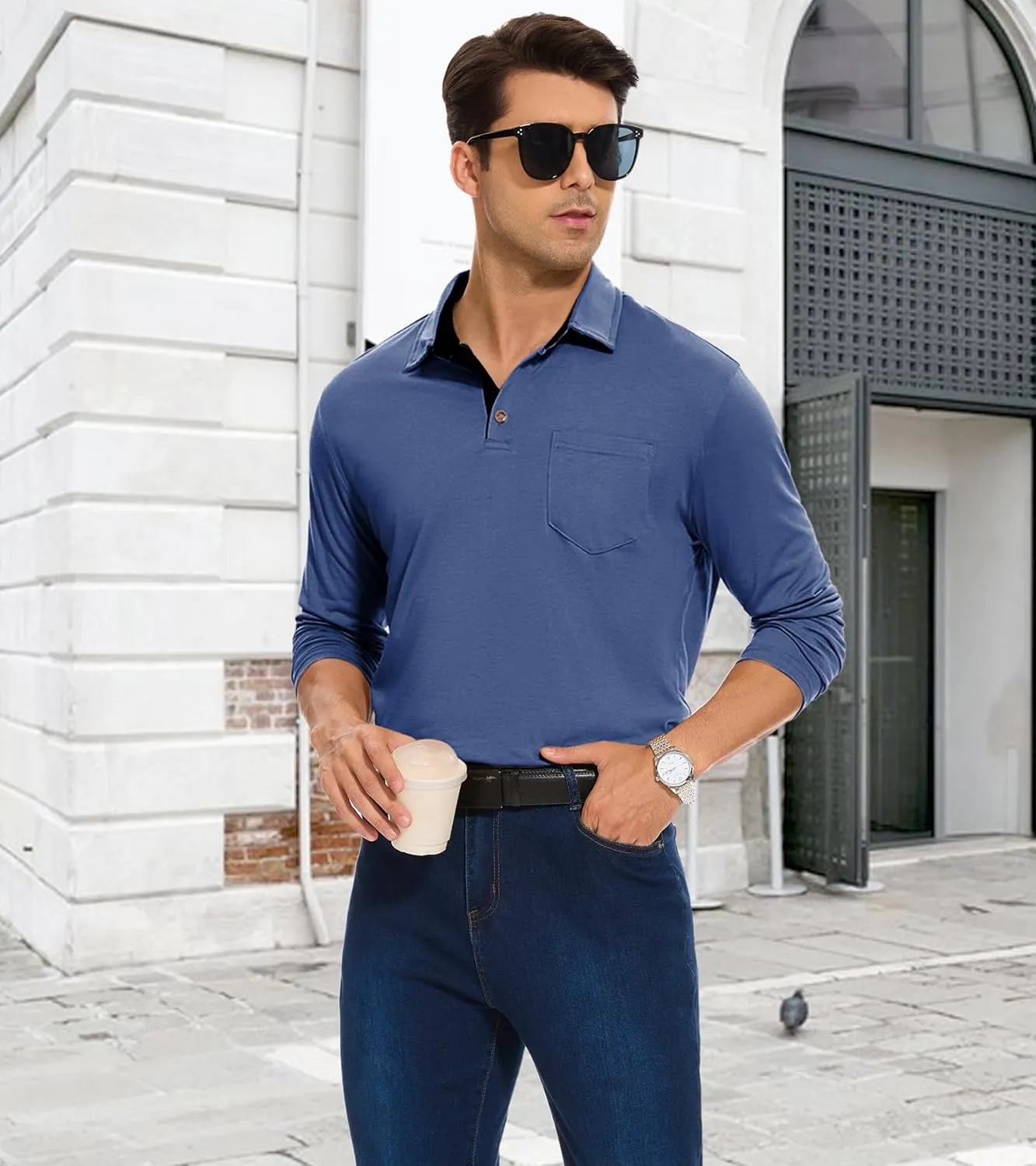 Men's Long Sleeve Polo Shirt with Pocket Fashion Button Polo T-Shirt Collared Athletic Work Casual Comfy Top Tee