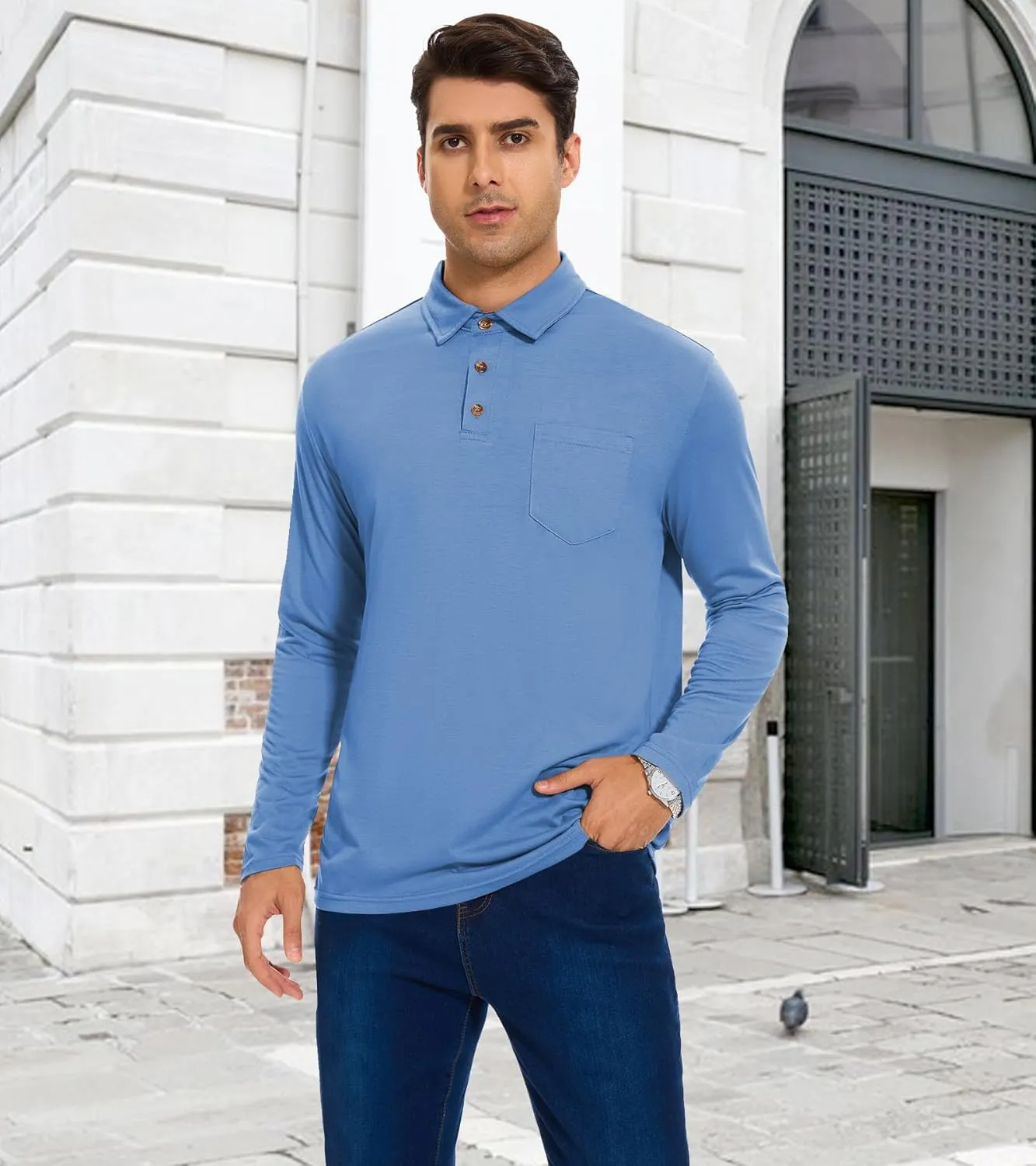 Men's Long Sleeve Polo Shirt with Pocket Fashion Button Polo T-Shirt Collared Athletic Work Casual Comfy Top Tee