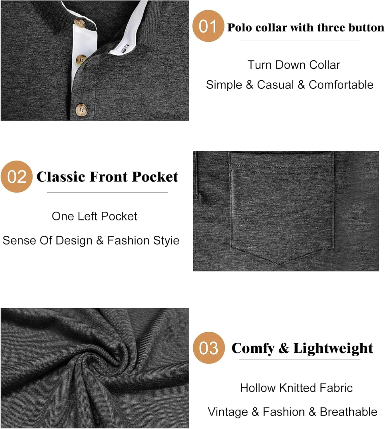 Men's Long Sleeve Polo Shirt with Pocket Fashion Button Polo T-Shirt Collared Athletic Work Casual Comfy Top Tee