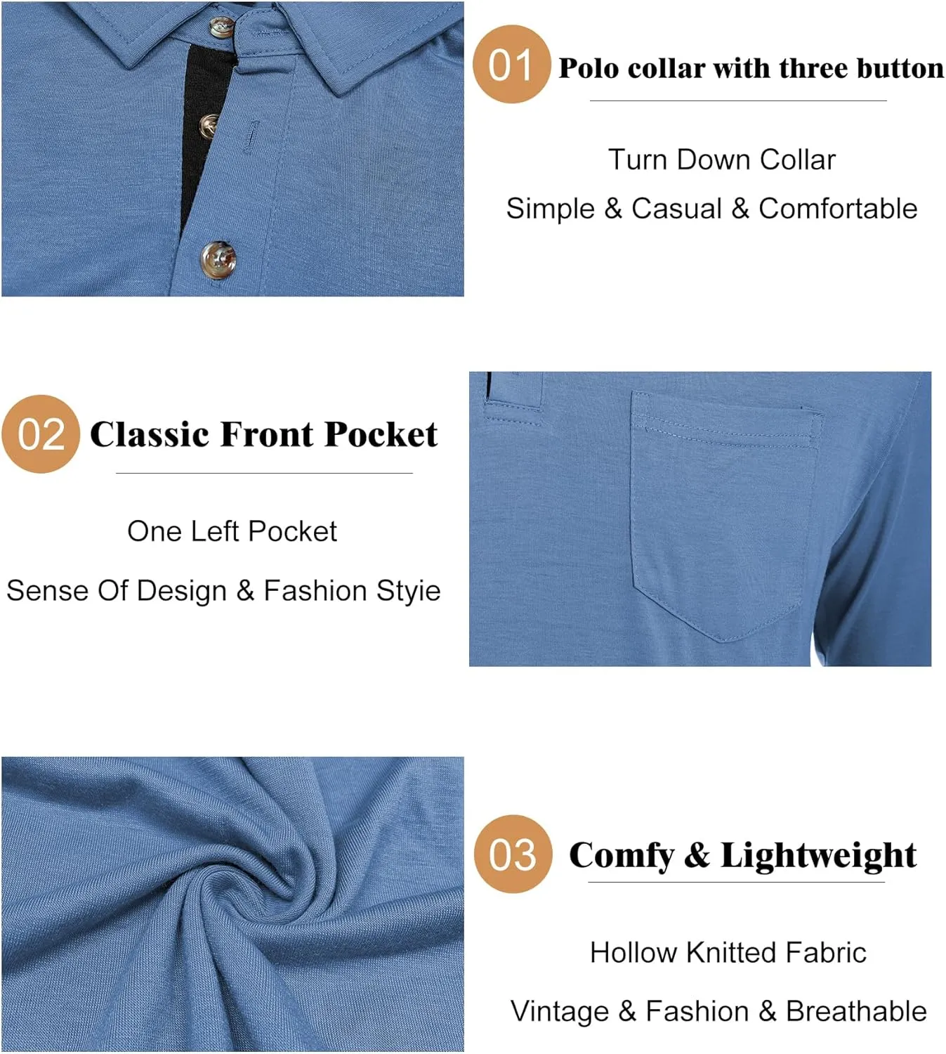 Men's Long Sleeve Polo Shirt with Pocket Fashion Button Polo T-Shirt Collared Athletic Work Casual Comfy Top Tee