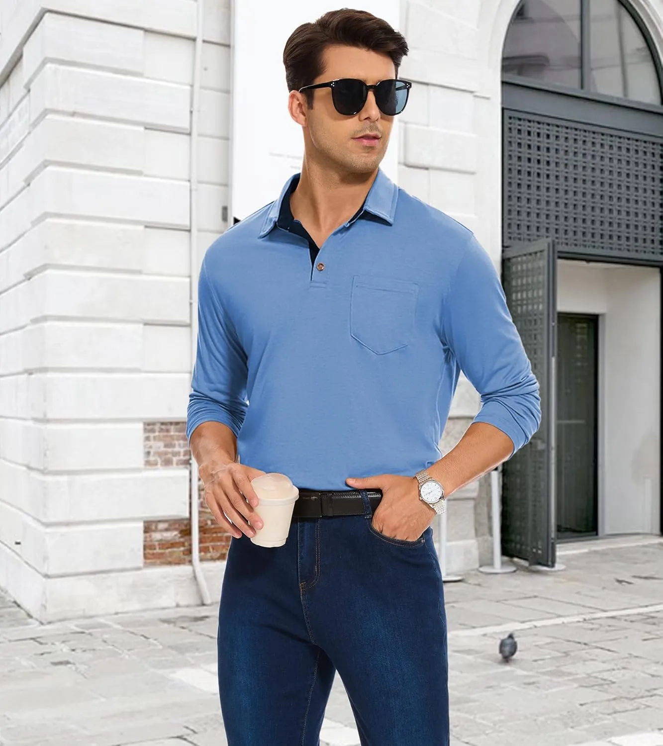 Men's Long Sleeve Polo Shirt with Pocket Fashion Button Polo T-Shirt Collared Athletic Work Casual Comfy Top Tee