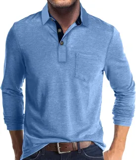 Men's Long Sleeve Polo Shirt with Pocket Fashion Button Polo T-Shirt Collared Athletic Work Casual Comfy Top Tee
