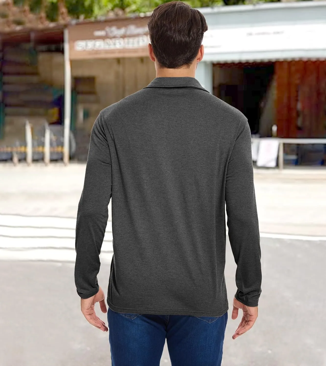 Men's Long Sleeve Polo Shirt with Pocket Fashion Button Polo T-Shirt Collared Athletic Work Casual Comfy Top Tee