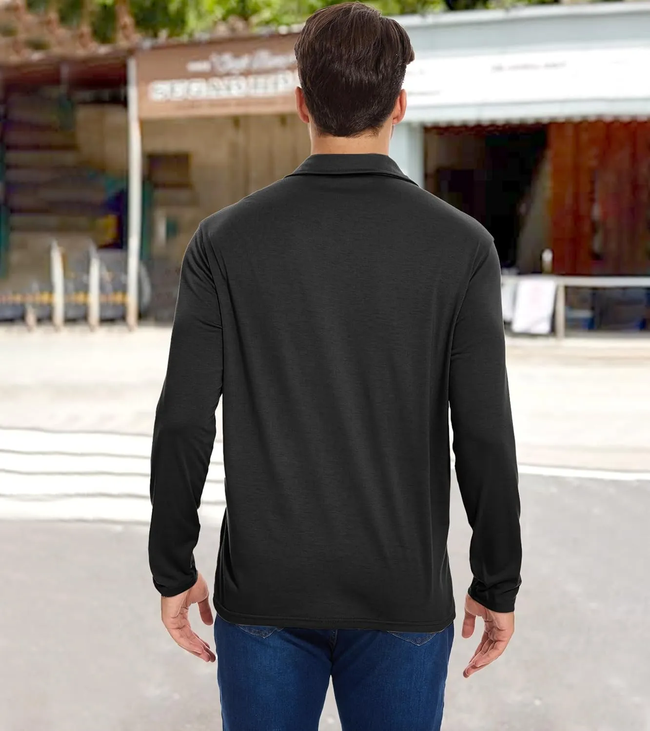Men's Long Sleeve Polo Shirt with Pocket Fashion Button Polo T-Shirt Collared Athletic Work Casual Comfy Top Tee