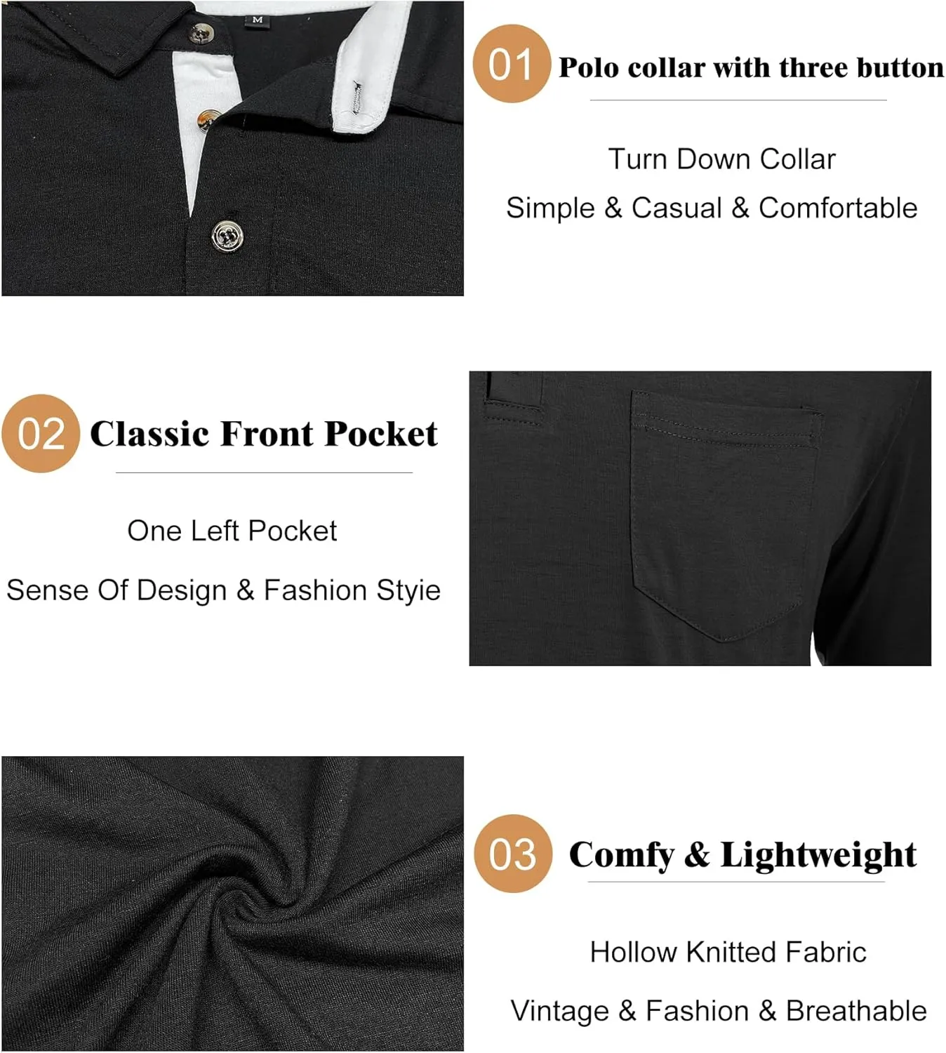 Men's Long Sleeve Polo Shirt with Pocket Fashion Button Polo T-Shirt Collared Athletic Work Casual Comfy Top Tee