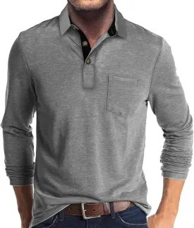 Men's Long Sleeve Polo Shirt with Pocket Fashion Button Polo T-Shirt Collared Athletic Work Casual Comfy Top Tee