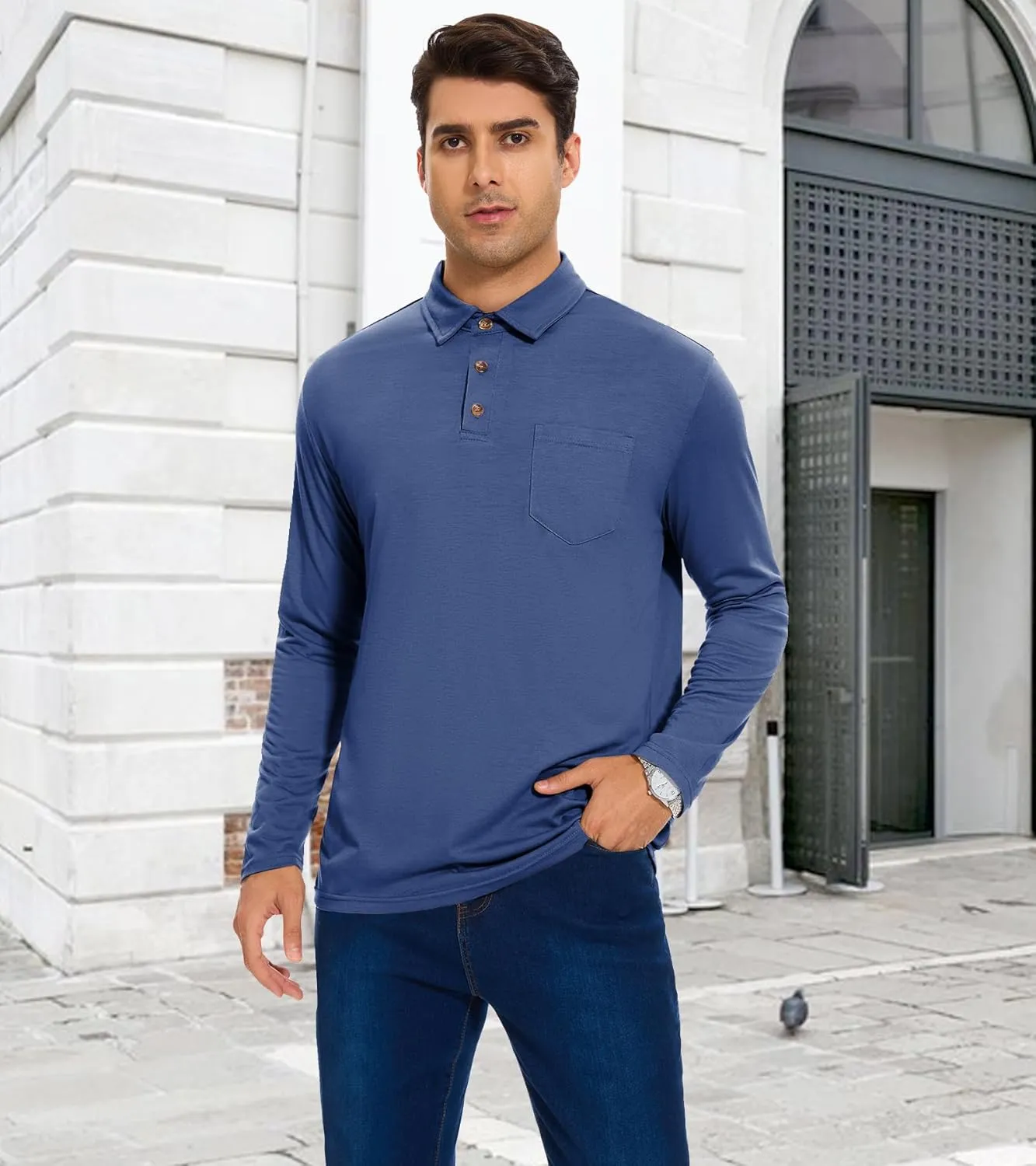 Men's Long Sleeve Polo Shirt with Pocket Fashion Button Polo T-Shirt Collared Athletic Work Casual Comfy Top Tee