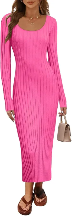 MEROKEETY Women's Fall Long Sleeve Sweater Dress Casual Ribbed Knit Slim Fit Bodycon Maxi Dresses
