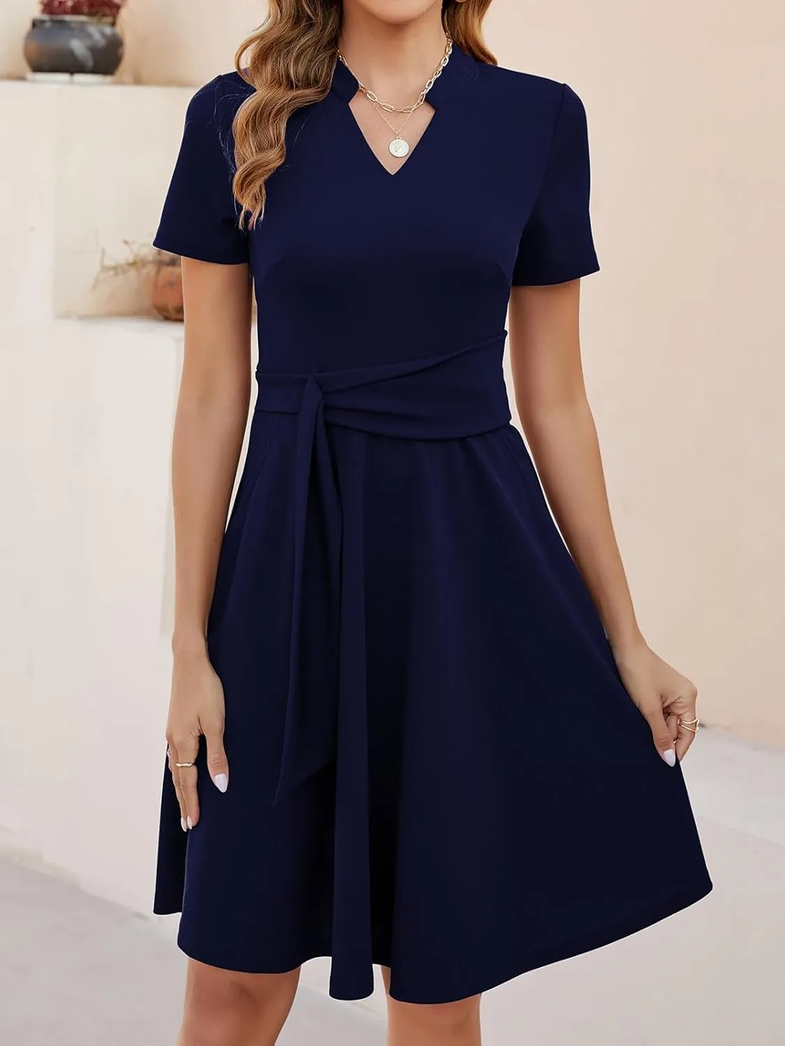 Mokayee Womens Summer Short Sleeve V Neck Fit and Flare A Line Business Casual Wedding Guest Work Dresses with Pockets