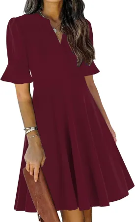 Mokayee Womens Summer V Neck Ruffle Short Sleeve Fit and Flare Knee Length Church Wedding Guest Dresses with Pockets