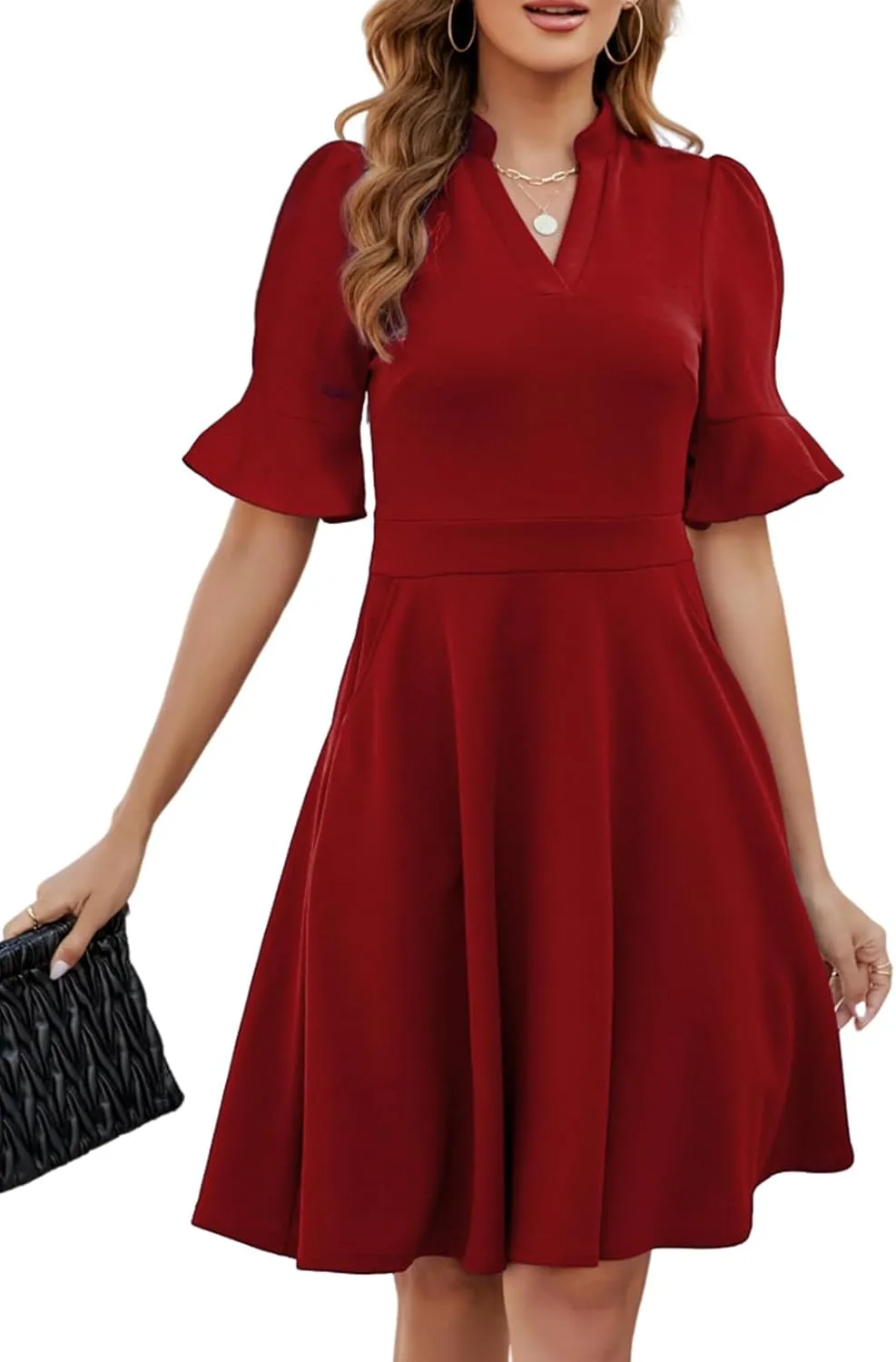 Mokayee Womens Summer V Neck Ruffle Short Sleeve Fit and Flare Knee Length Church Wedding Guest Dresses with Pockets