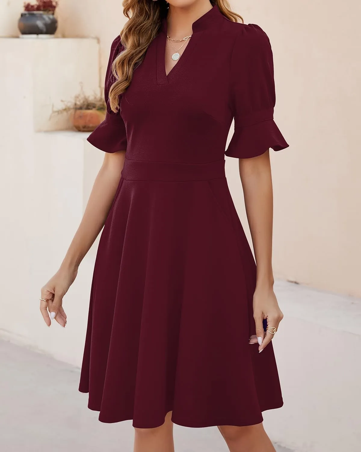 Mokayee Womens Summer V Neck Ruffle Short Sleeve Fit and Flare Knee Length Church Wedding Guest Dresses with Pockets
