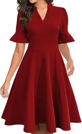 Mokayee Womens Summer V Neck Ruffle Short Sleeve Fit and Flare Knee Length Church Wedding Guest Dresses with Pockets