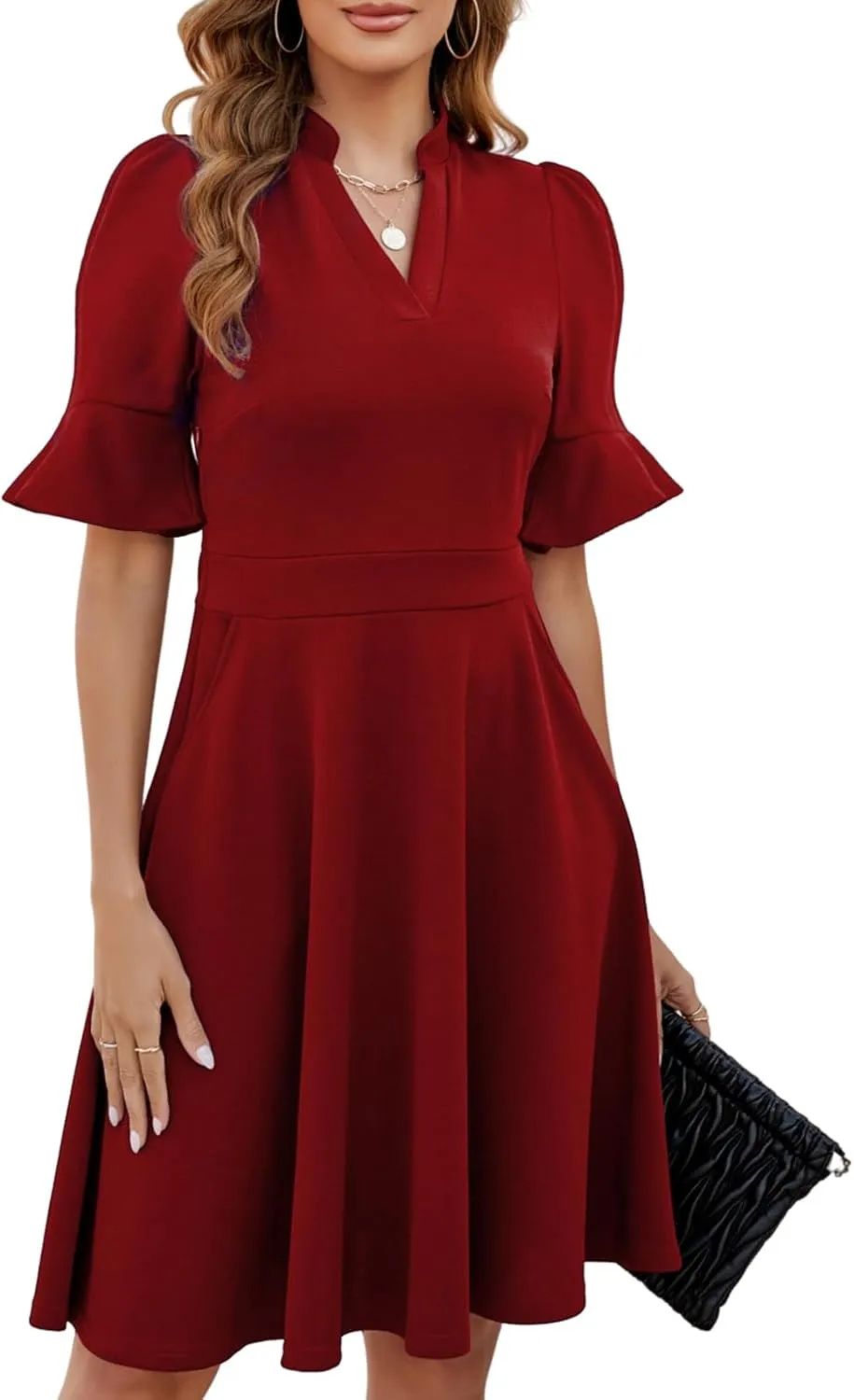 Mokayee Womens Summer V Neck Ruffle Short Sleeve Fit and Flare Knee Length Church Wedding Guest Dresses with Pockets