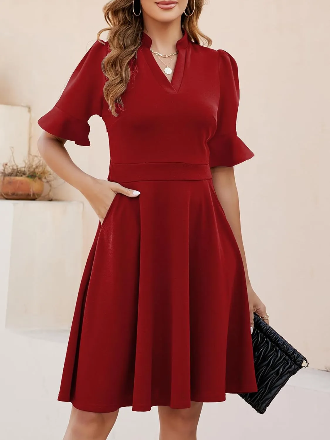 Mokayee Womens Summer V Neck Ruffle Short Sleeve Fit and Flare Knee Length Church Wedding Guest Dresses with Pockets