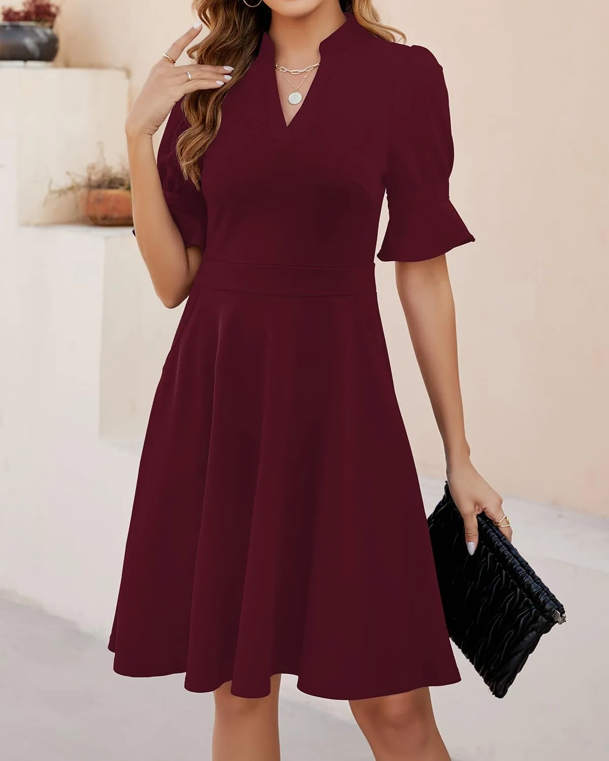 Mokayee Womens Summer V Neck Ruffle Short Sleeve Fit and Flare Knee Length Church Wedding Guest Dresses with Pockets