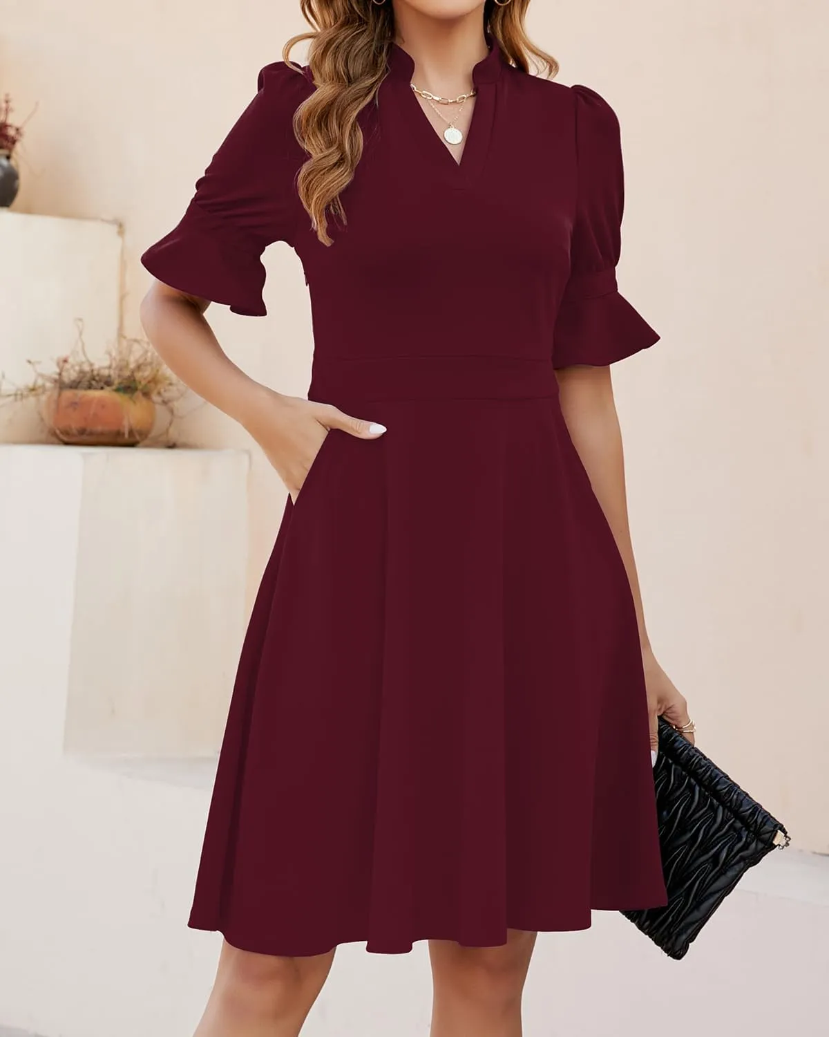 Mokayee Womens Summer V Neck Ruffle Short Sleeve Fit and Flare Knee Length Church Wedding Guest Dresses with Pockets