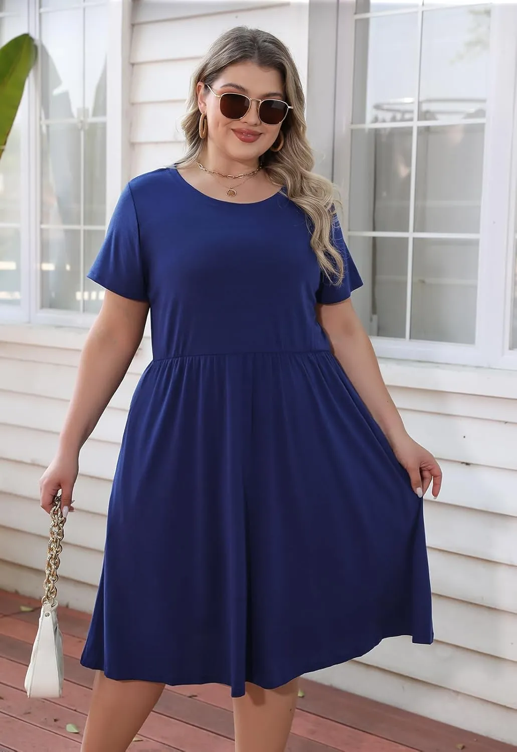 Nemidor Plus Size Casual Dresses for Curvy Women Summer Short Sleeve Fit and Flare Midi Swing Dress with Pocket