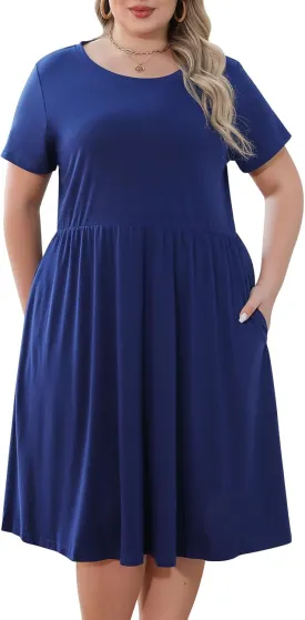 Nemidor Plus Size Casual Dresses for Curvy Women Summer Short Sleeve Fit and Flare Midi Swing Dress with Pocket