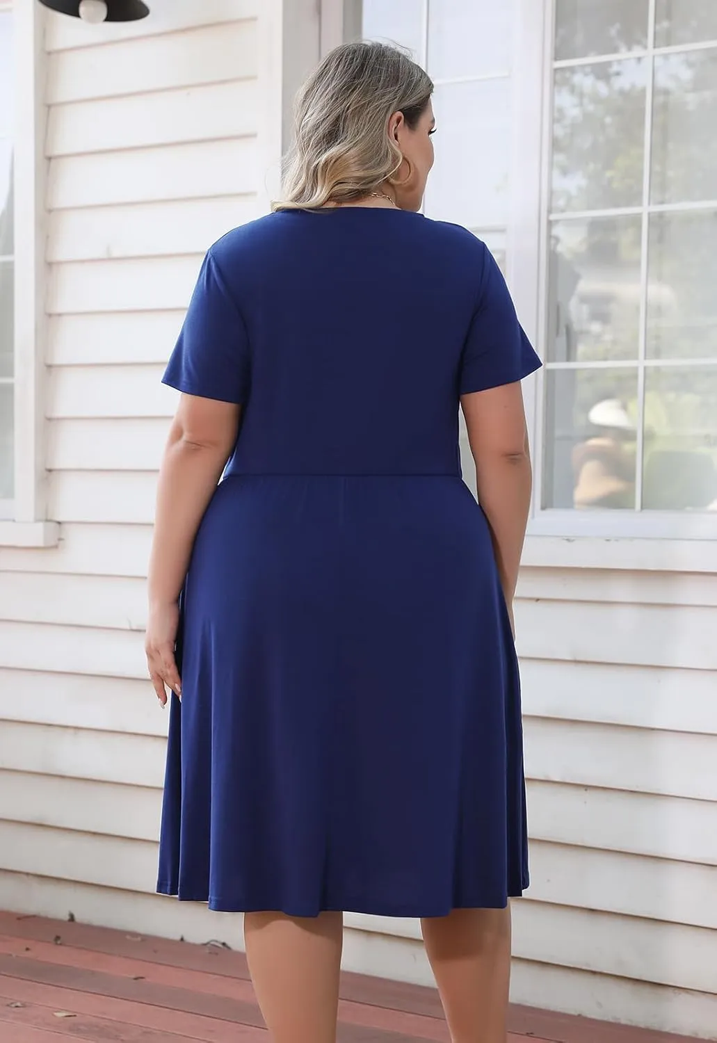 Nemidor Plus Size Casual Dresses for Curvy Women Summer Short Sleeve Fit and Flare Midi Swing Dress with Pocket