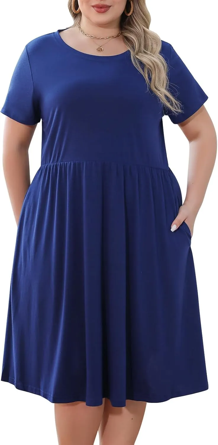 Nemidor Plus Size Casual Dresses for Curvy Women Summer Short Sleeve Fit and Flare Midi Swing Dress with Pocket