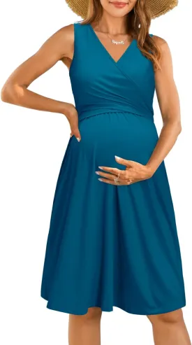 OUGES Womens 2025 V-Neck Maternity Dresses Nursing Breastfeeding Baby Shower Dress