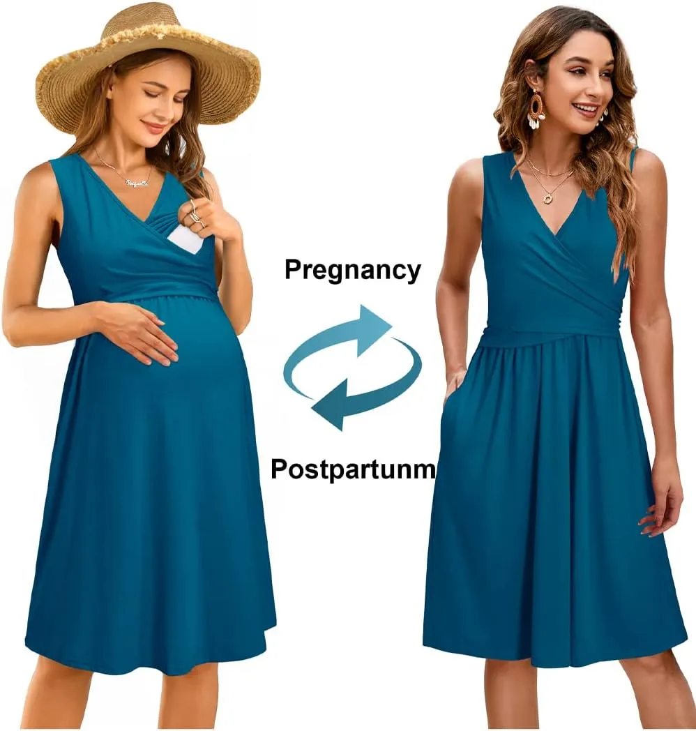 OUGES Womens 2025 V-Neck Maternity Dresses Nursing Breastfeeding Baby Shower Dress