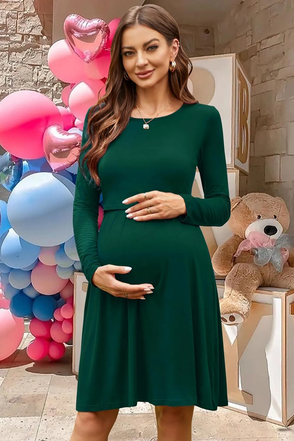 OUGES Womens Solid/Floral Maternity Dresses Sleeveless/Long Sleeve Nursing Gown Breastfeeding Clothes